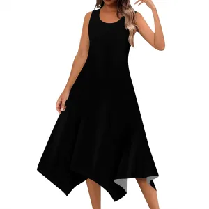 Women's Casual Summer Solid Color Midi Dress Sleeveless Swing Tank Sundress Pleated Tshirt Beach Cover Ups Dresses