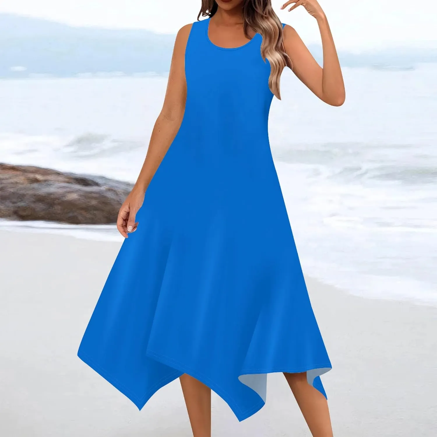 Women's Casual Summer Solid Color Midi Dress Sleeveless Swing Tank Sundress Pleated Tshirt Beach Cover Ups Dresses