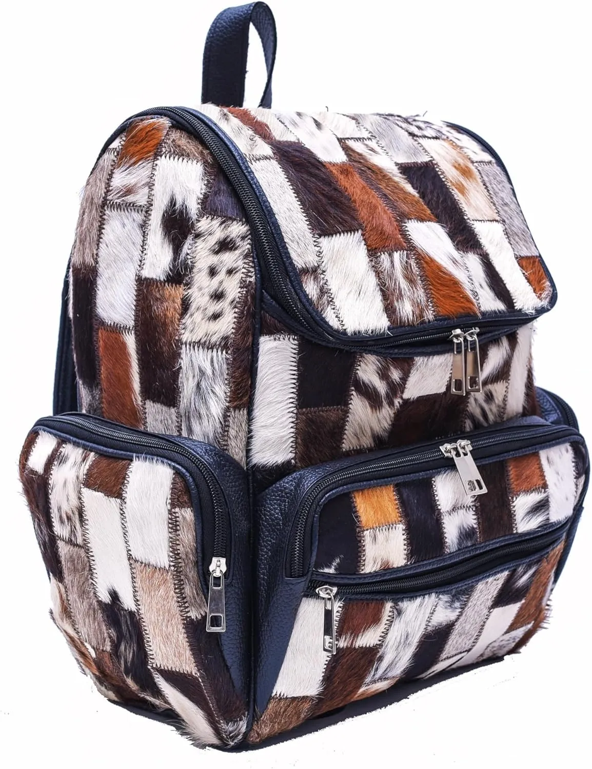 Womens Casual Travel Daypack Bag, Real Cowhide Leather, Rectangular Patchwork, Unisex Diaper Bag (Black)