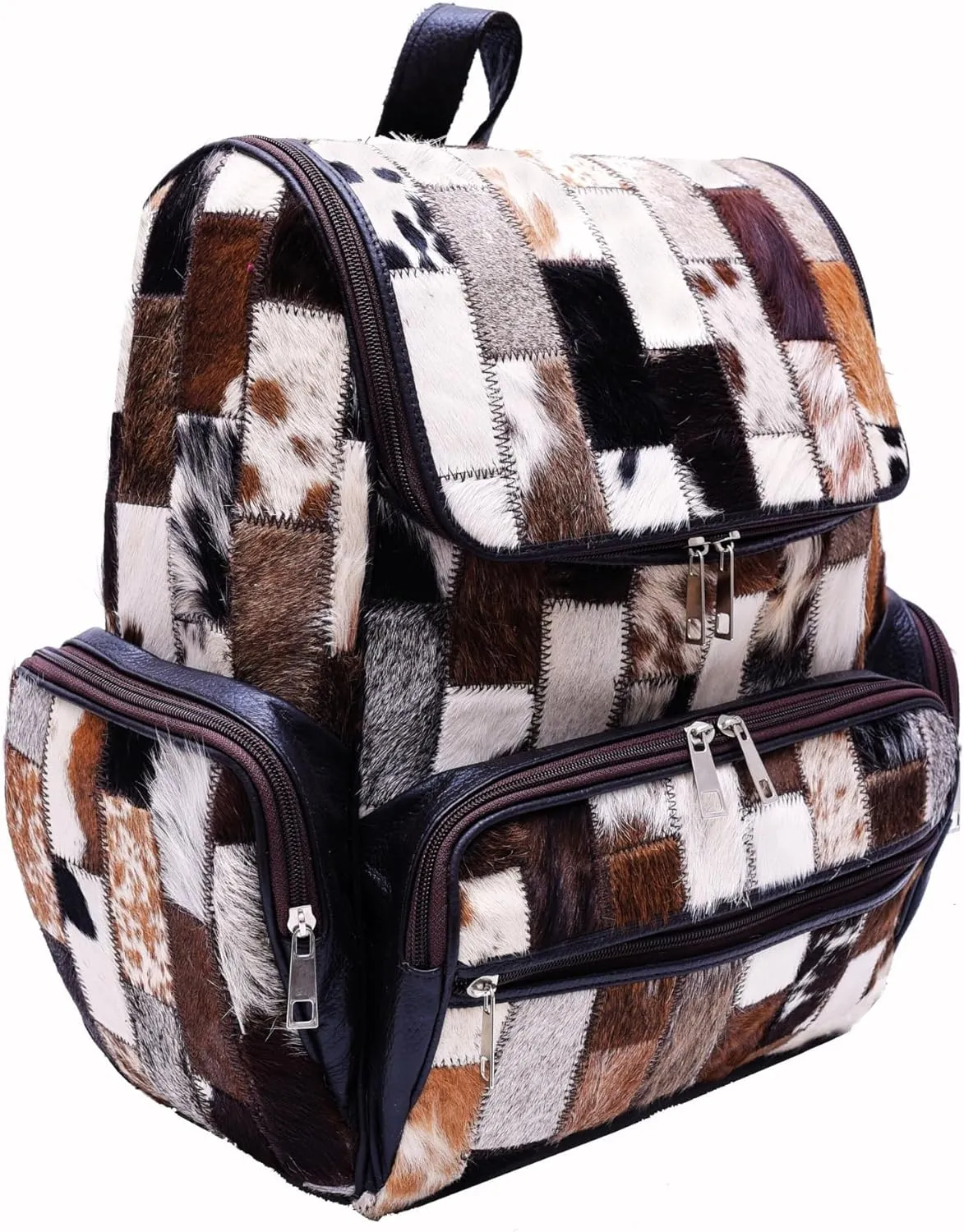 Womens Casual Travel Daypack Bag, Real Cowhide Leather, Rectangular Patchwork, Unisex Diaper Bag (Dark Brown)