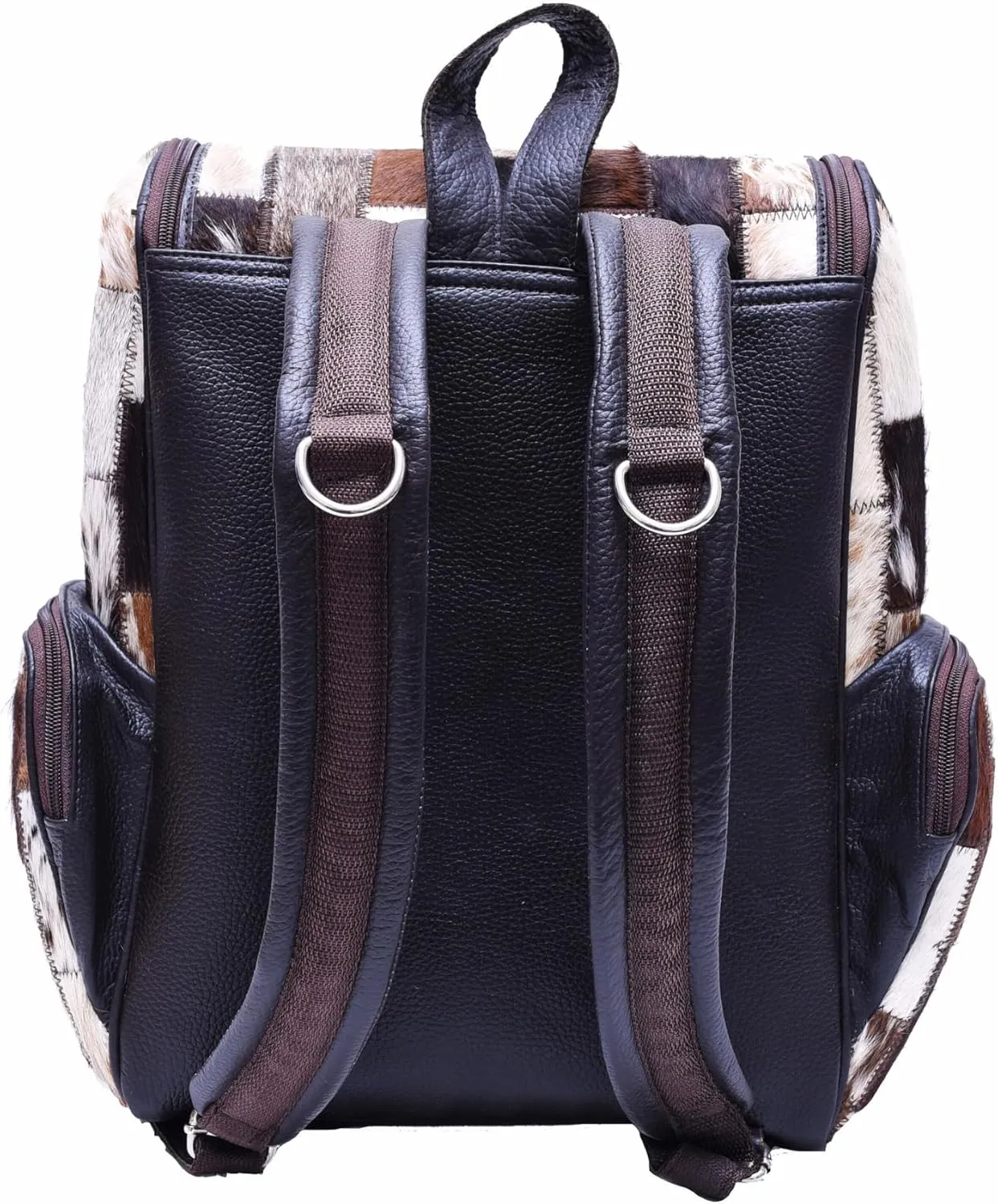 Womens Casual Travel Daypack Bag, Real Cowhide Leather, Rectangular Patchwork, Unisex Diaper Bag (Dark Brown)