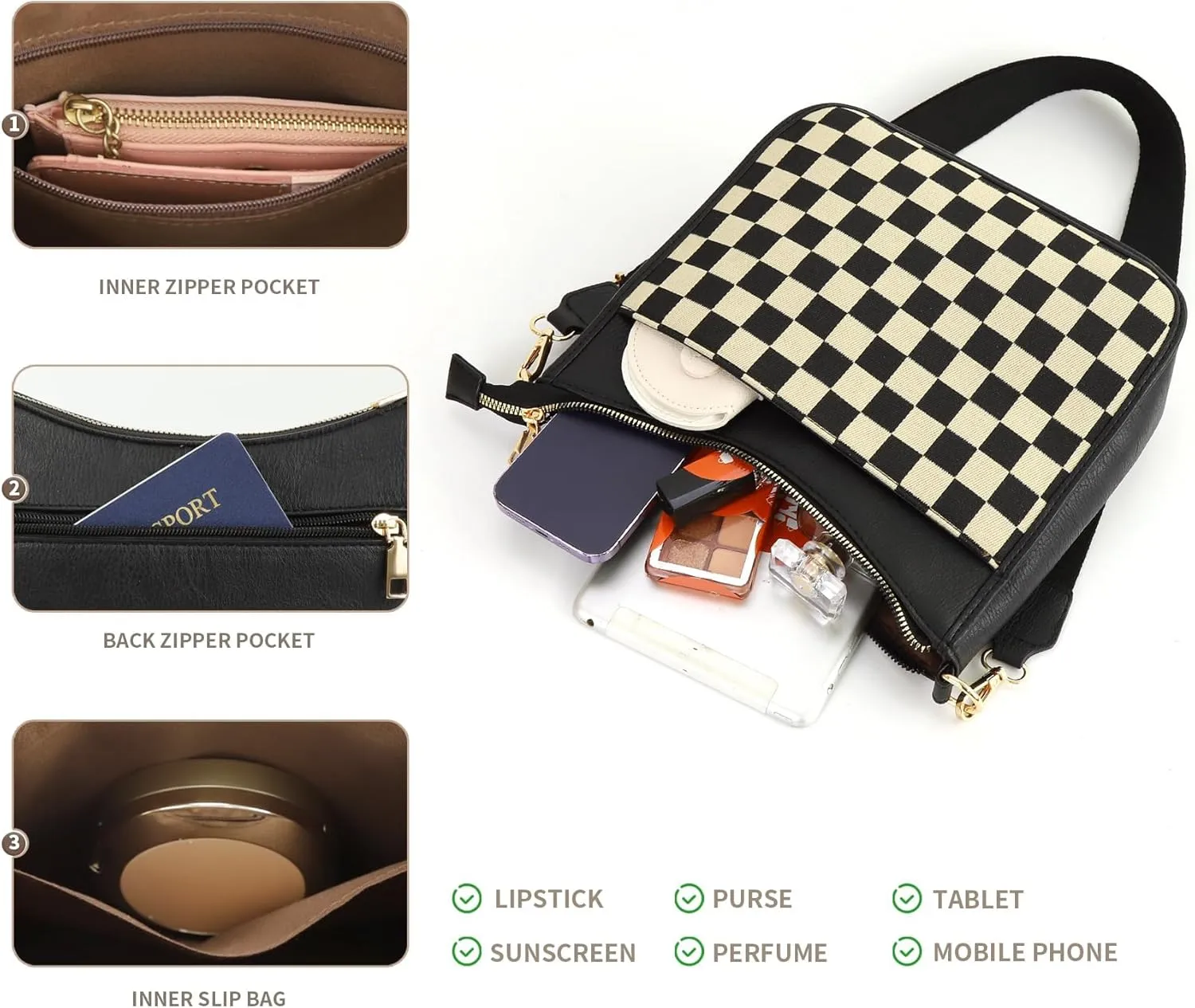 Women's Checkered Crossbody Bag  Quilted Seam Trendy Vegan Leather Shoulder Bag with Embroidered Strap