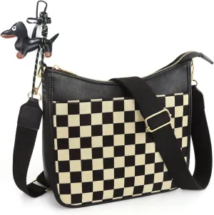 Women's Checkered Crossbody Bag  Quilted Seam Trendy Vegan Leather Shoulder Bag with Embroidered Strap