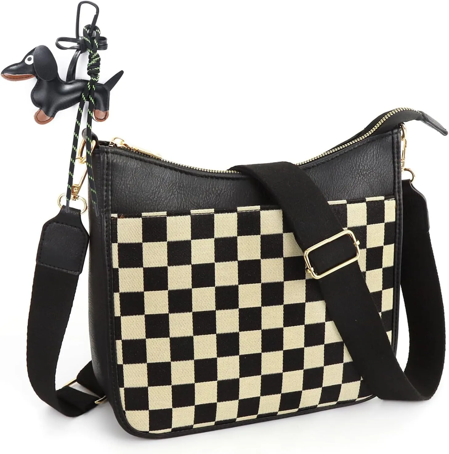Women's Checkered Crossbody Bag  Quilted Seam Trendy Vegan Leather Shoulder Bag with Embroidered Strap
