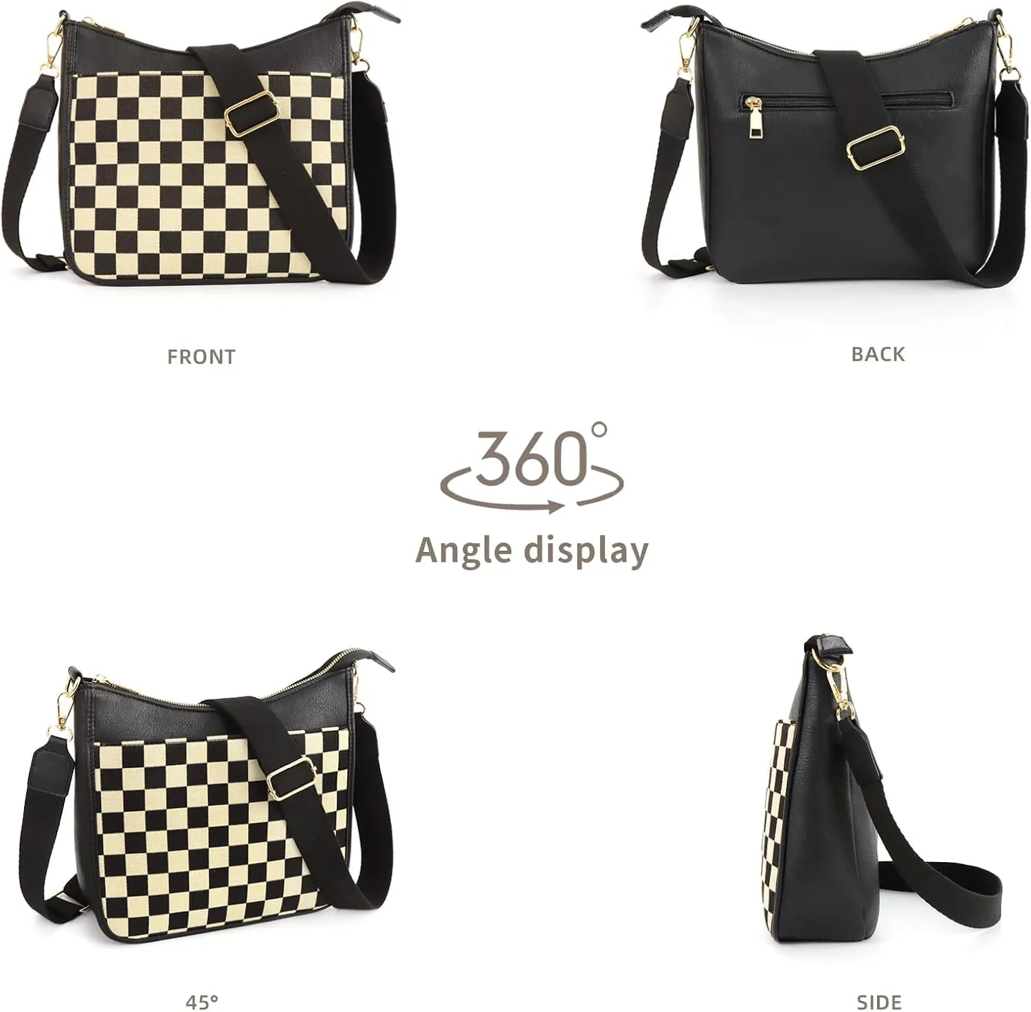 Women's Checkered Crossbody Bag  Quilted Seam Trendy Vegan Leather Shoulder Bag with Embroidered Strap