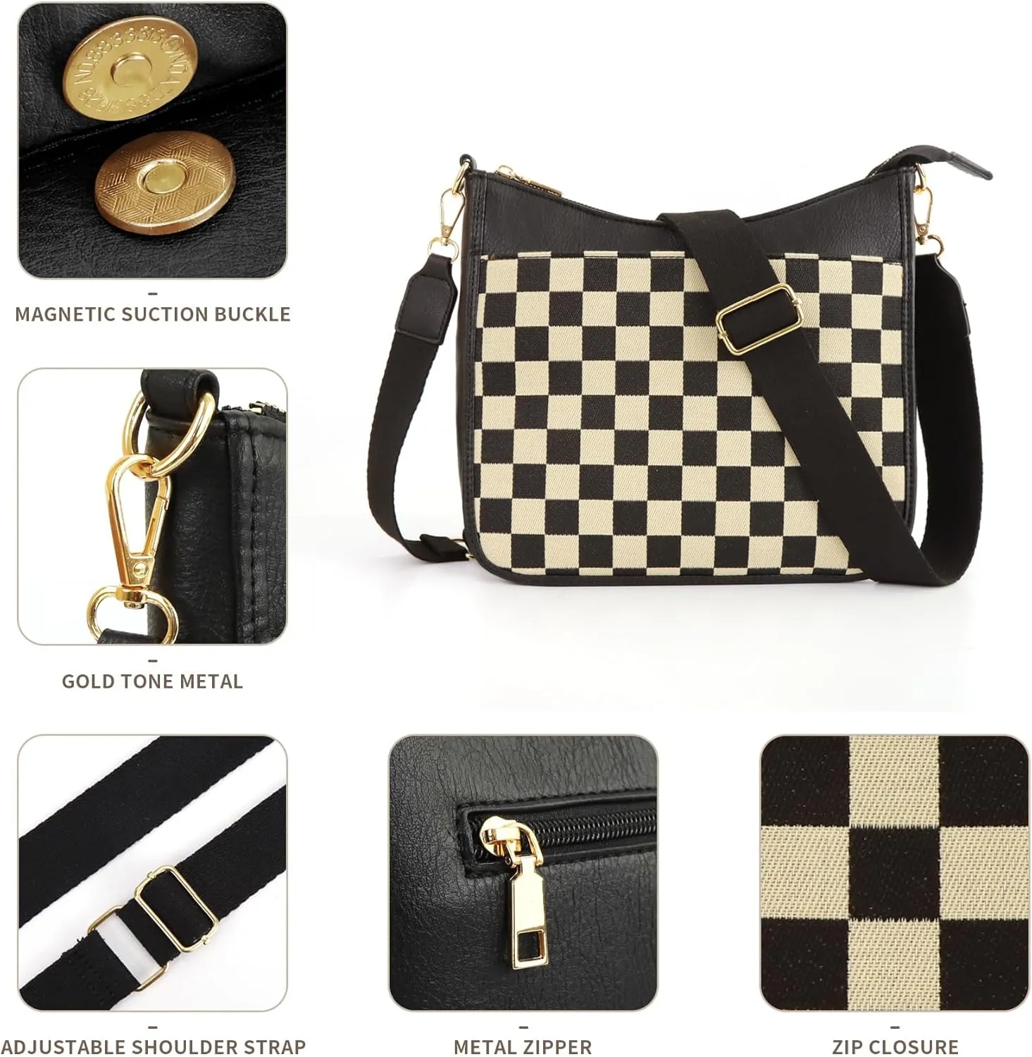 Women's Checkered Crossbody Bag  Quilted Seam Trendy Vegan Leather Shoulder Bag with Embroidered Strap