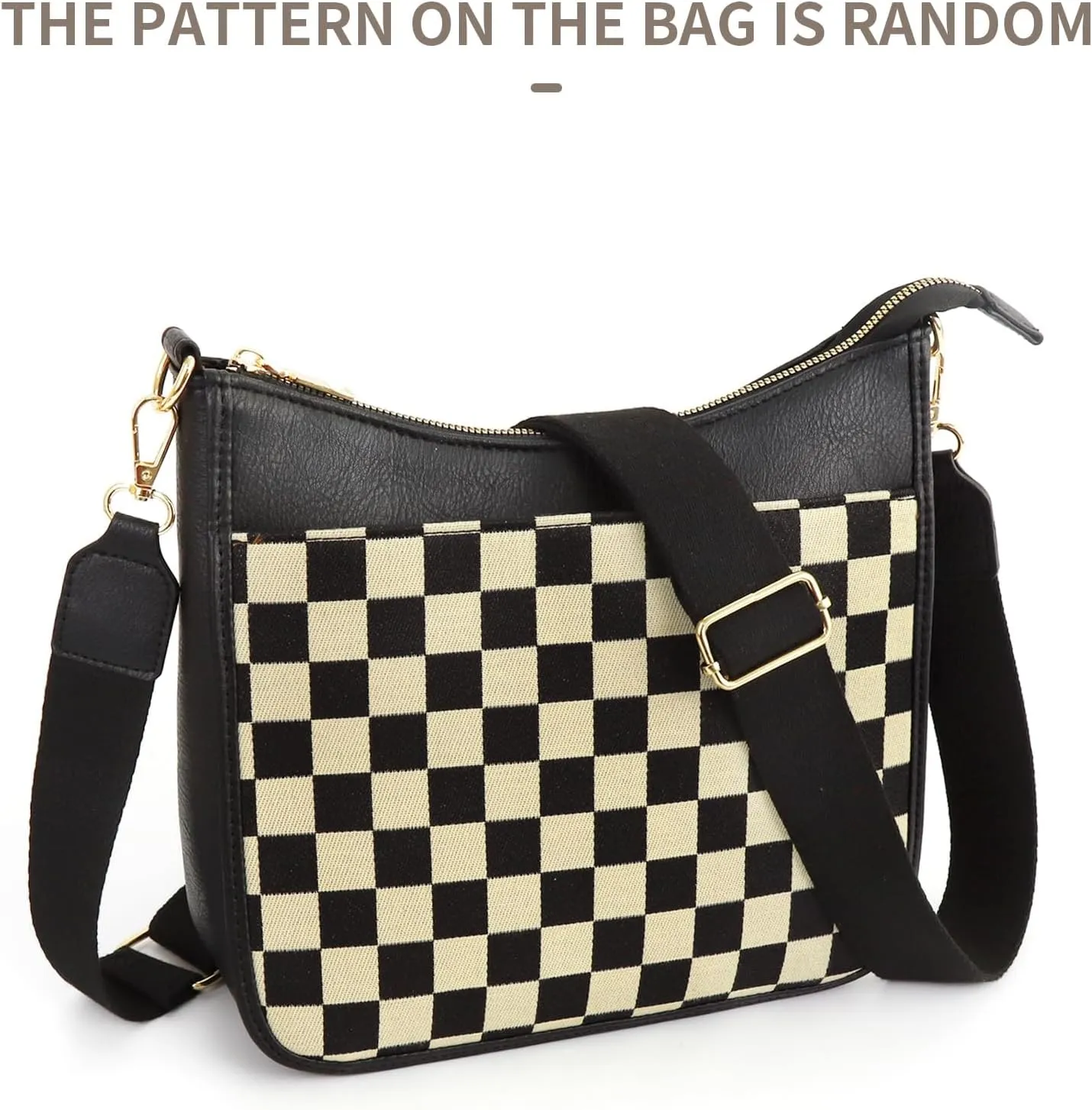 Women's Checkered Crossbody Bag  Quilted Seam Trendy Vegan Leather Shoulder Bag with Embroidered Strap