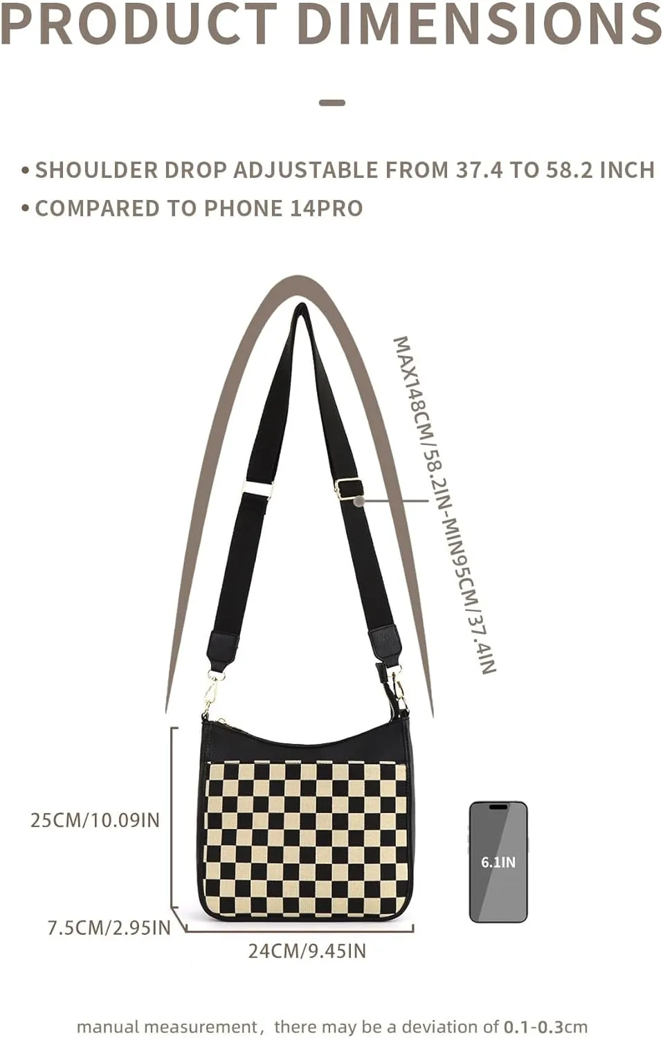 Women's Checkered Crossbody Bag  Quilted Seam Trendy Vegan Leather Shoulder Bag with Embroidered Strap