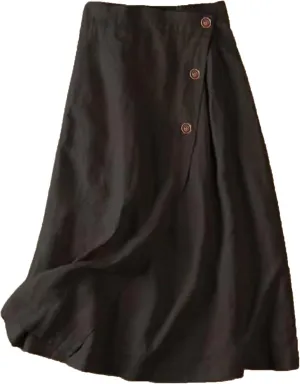 Women's Cotton Linen Front Button A-Line Skirt Casual High Waist Flared Pleated Skirt Vintage Swing Midi Skirt