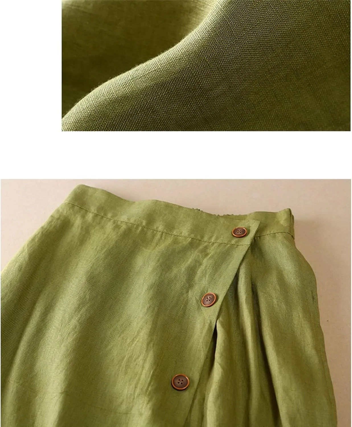 Women's Cotton Linen Front Button A-Line Skirt Casual High Waist Flared Pleated Skirt Vintage Swing Midi Skirt