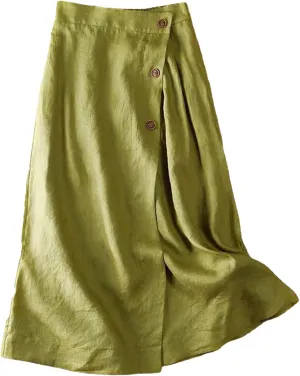 Women's Cotton Linen Front Button A-Line Skirt Casual High Waist Flared Pleated Skirt Vintage Swing Midi Skirt