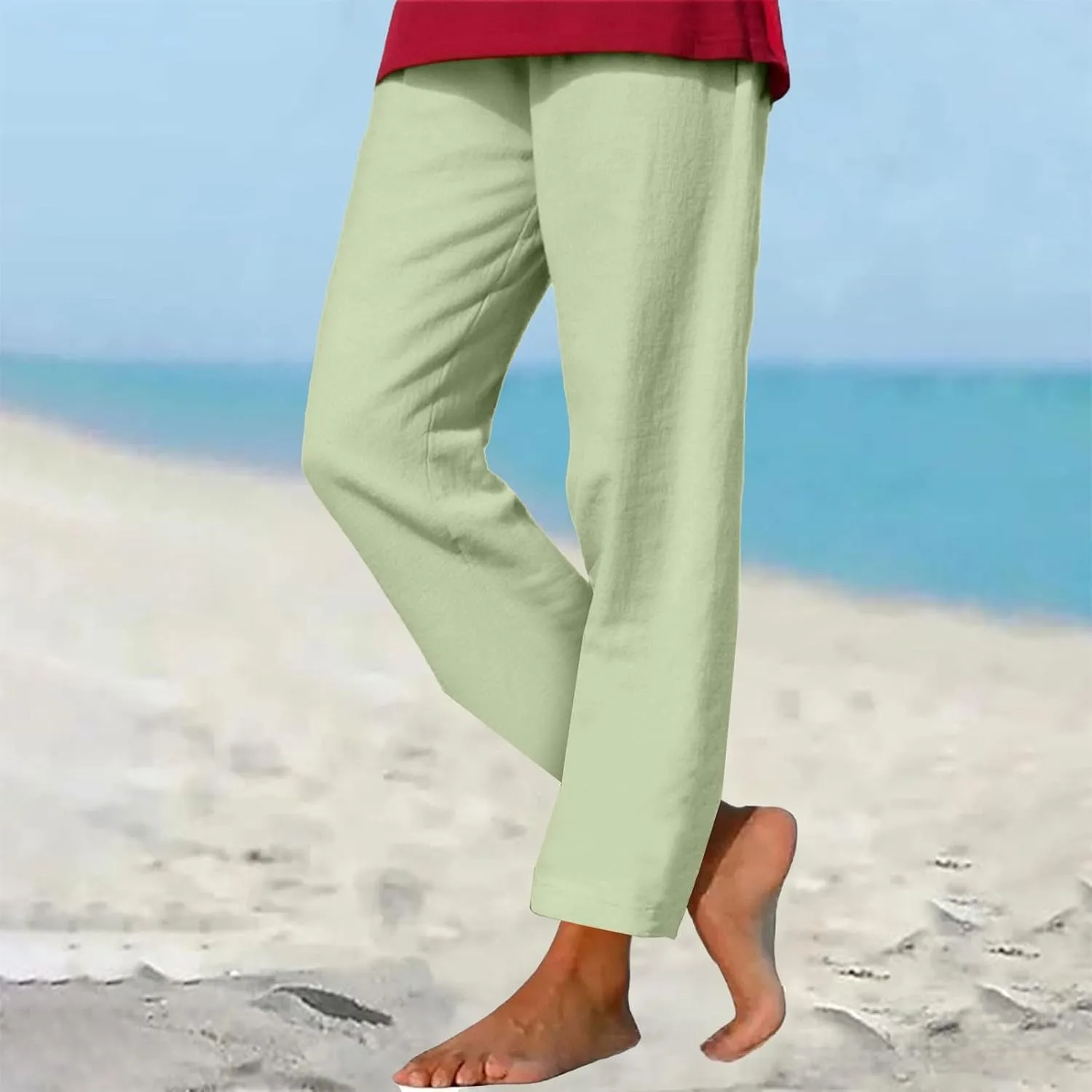 Womens Cotton Linen Pants Casual Summer 2025 Straight Loose High Waisted Drawstring Elastic Pant Beach Daily Trouser