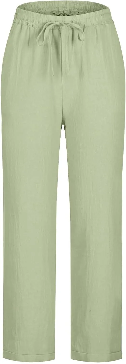 Womens Cotton Linen Pants Casual Summer 2025 Straight Loose High Waisted Drawstring Elastic Pant Beach Daily Trouser