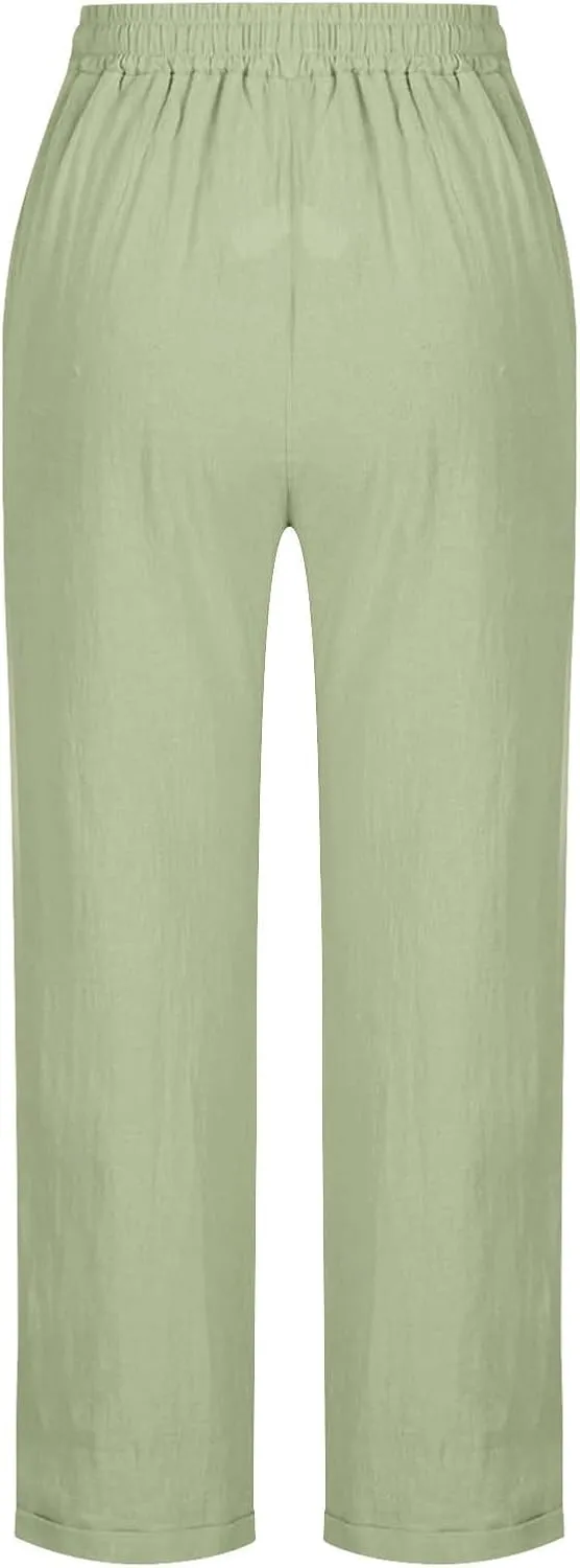 Womens Cotton Linen Pants Casual Summer 2025 Straight Loose High Waisted Drawstring Elastic Pant Beach Daily Trouser