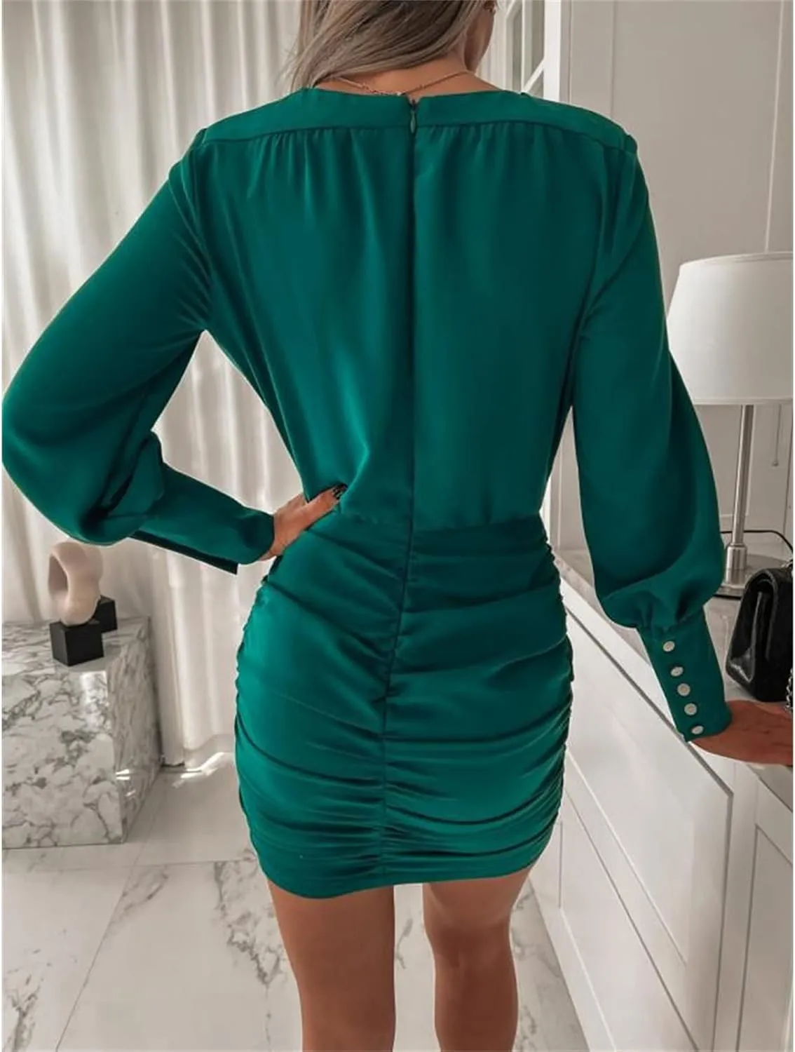 Women's Elegant Long Sleeve Dresses Spring Casual V Neck Business Dress Wedding Guest Flowy Pleated Midi Dress