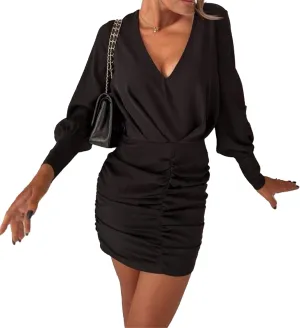 Women's Elegant Long Sleeve Dresses Spring Casual V Neck Business Dress Wedding Guest Flowy Pleated Midi Dress
