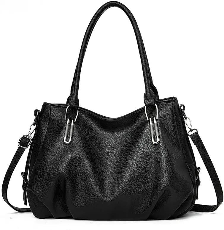 Women's Faux Leather Hobo Shoulder Bag, Large Capacity Tote Purse with Multiple Compartments, Black, Crossbody tote bag