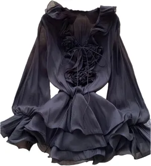 WomenS Floral Dress Long Sleeve V Neck Lace Up Ruffle Chiffon Bohemian Mini Dress