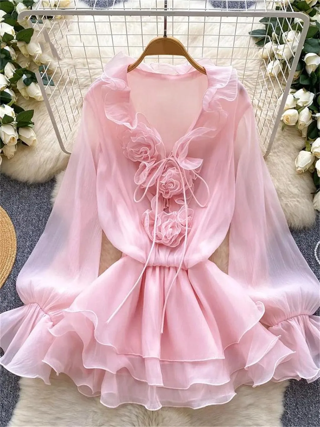 WomenS Floral Dress Long Sleeve V Neck Lace Up Ruffle Chiffon Bohemian Mini Dress
