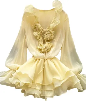 WomenS Floral Dress Long Sleeve V Neck Lace Up Ruffle Chiffon Bohemian Mini Dress