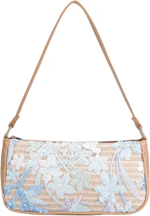Women's Floral Embroidery Purse, Leather Sequin Beaded Handbag,Summer Beach Tote Shoulder Bag Vacation Wedding Party