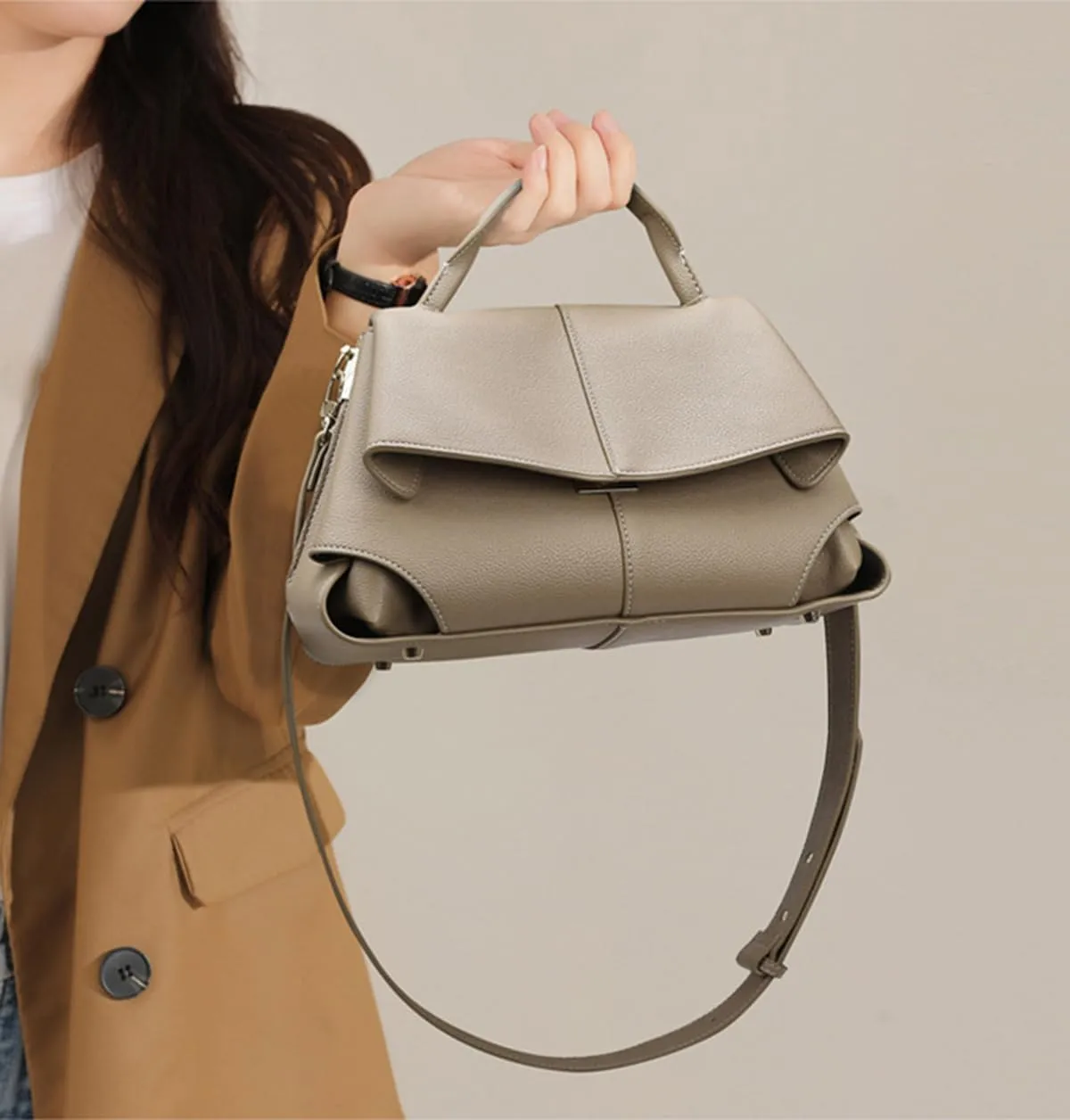 Women's Genuine Leather Handbag, Top Handle Satchel, Shoulder Crossbody Bag with Adjustable Strap