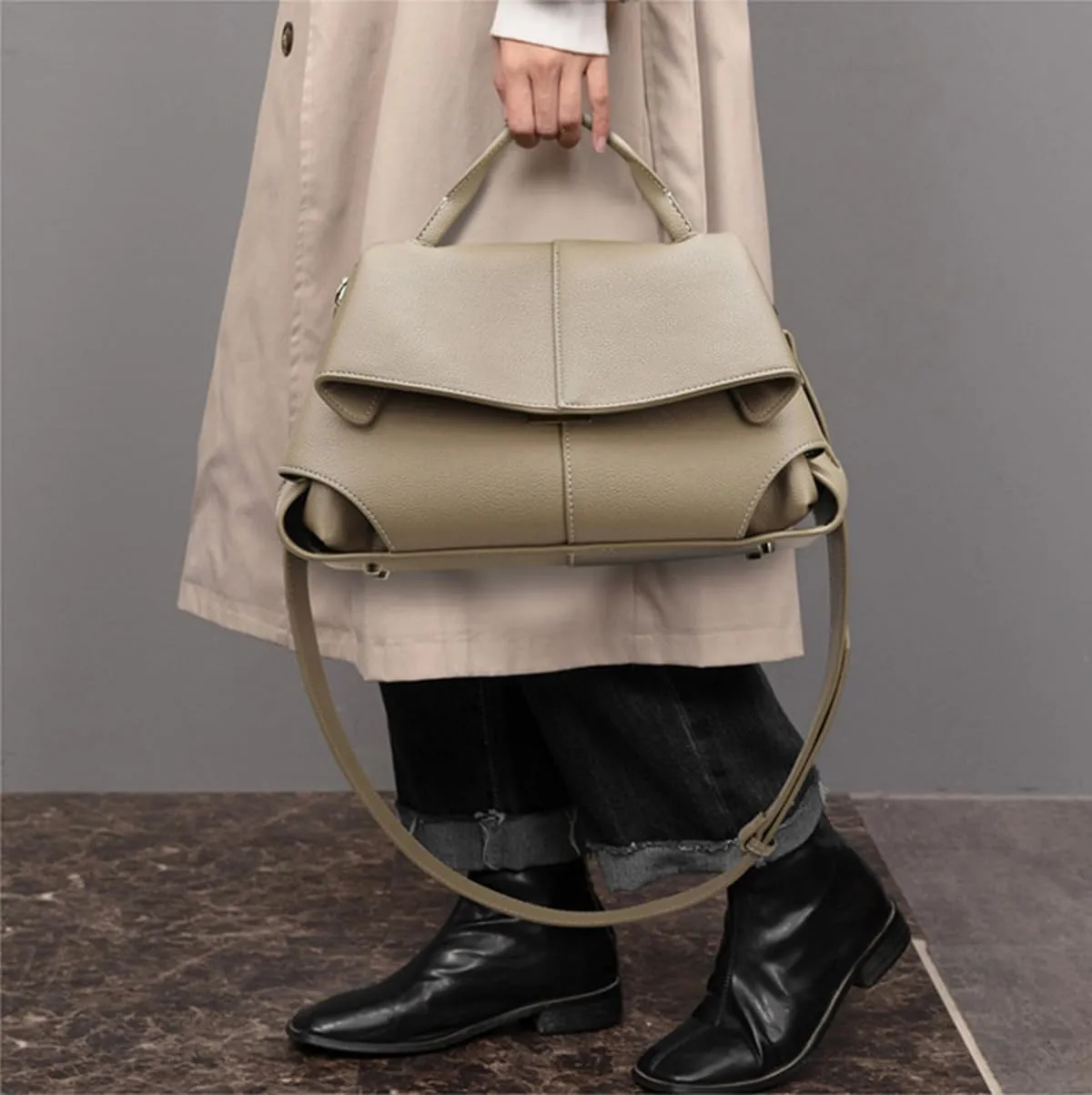 Women's Genuine Leather Handbag, Top Handle Satchel, Shoulder Crossbody Bag with Adjustable Strap