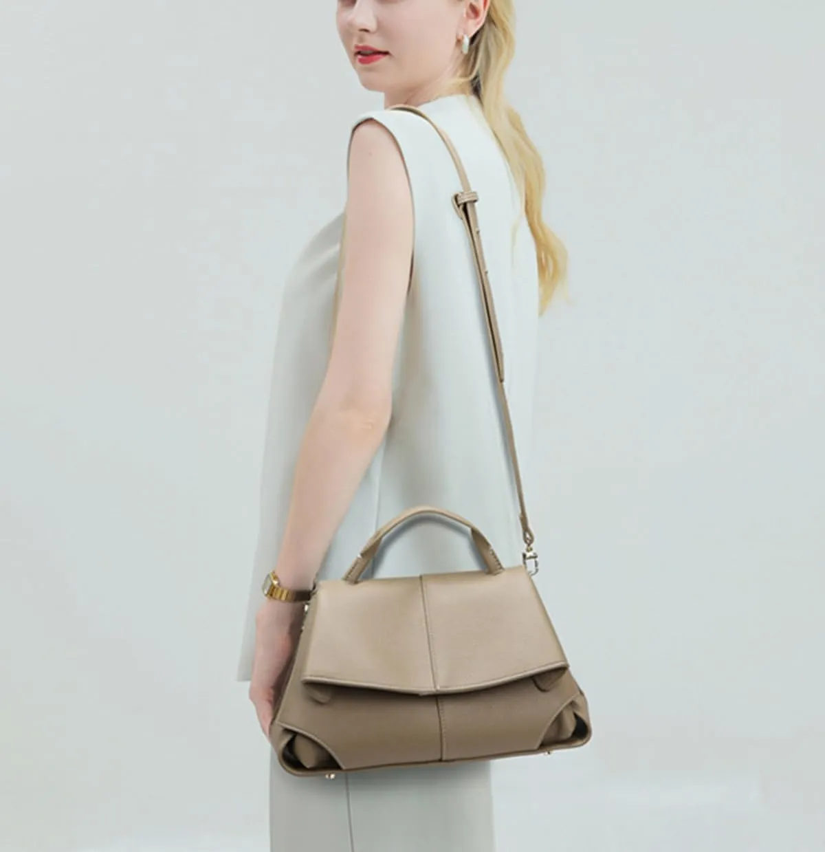 Women's Genuine Leather Handbag, Top Handle Satchel, Shoulder Crossbody Bag with Adjustable Strap
