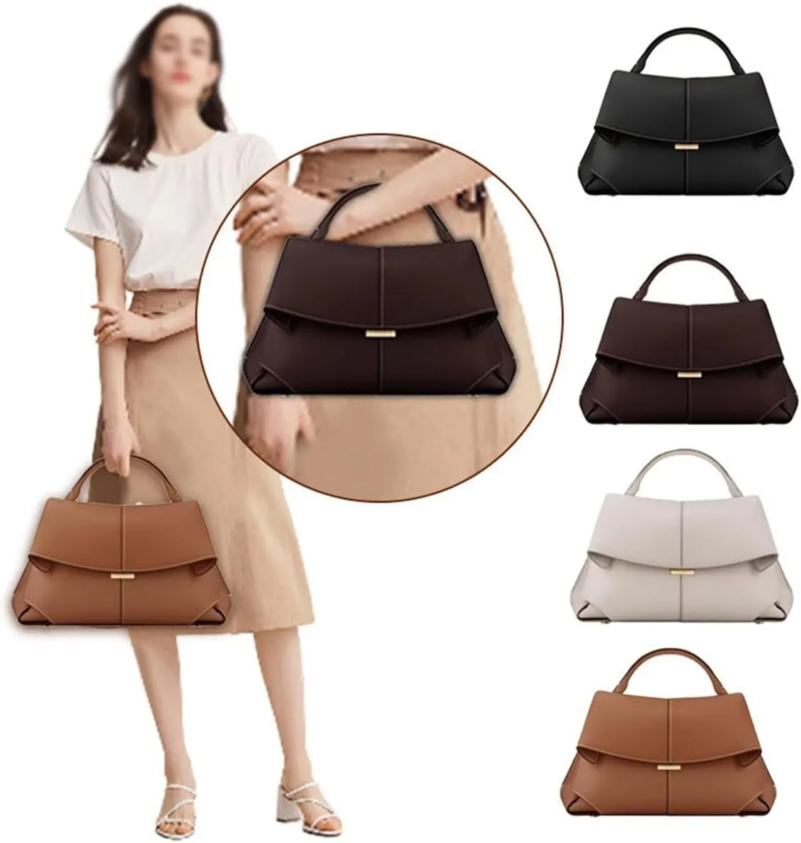 Women's Genuine Leather Handbag, Top Handle Satchel, Shoulder Crossbody Bag with Adjustable Strap