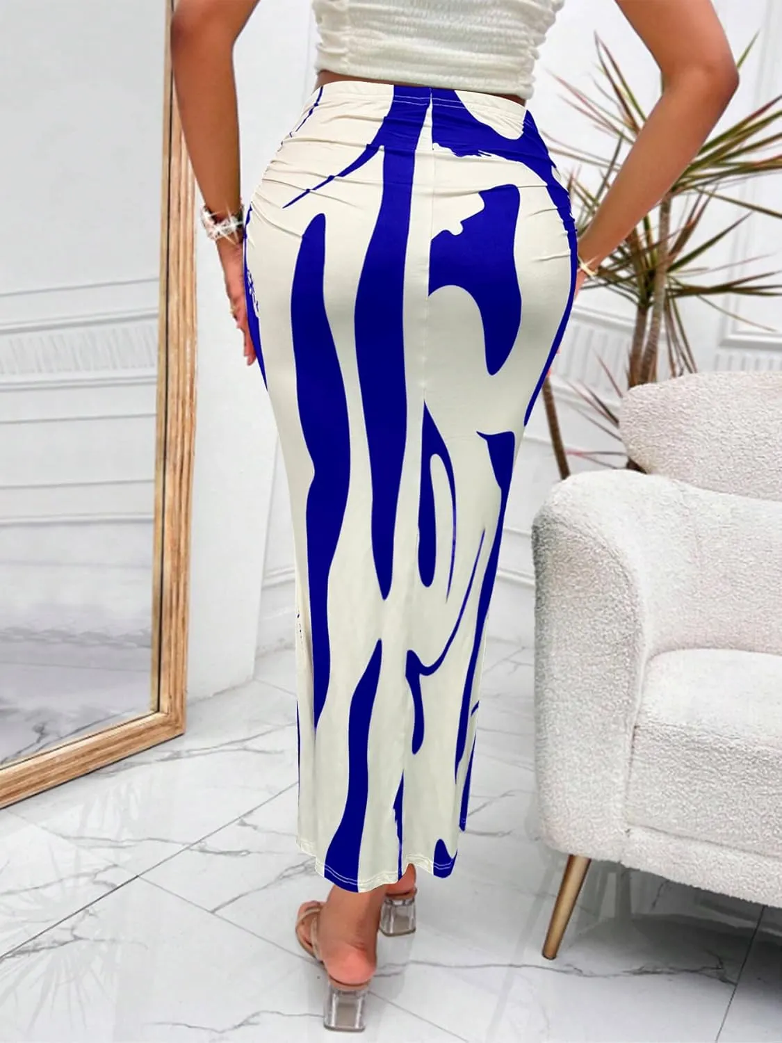 Women's Graphic Print Maxi Skirt Ruched High Waist Long Fishtail Skirt Fashion Bodycon Pencil Skirt
