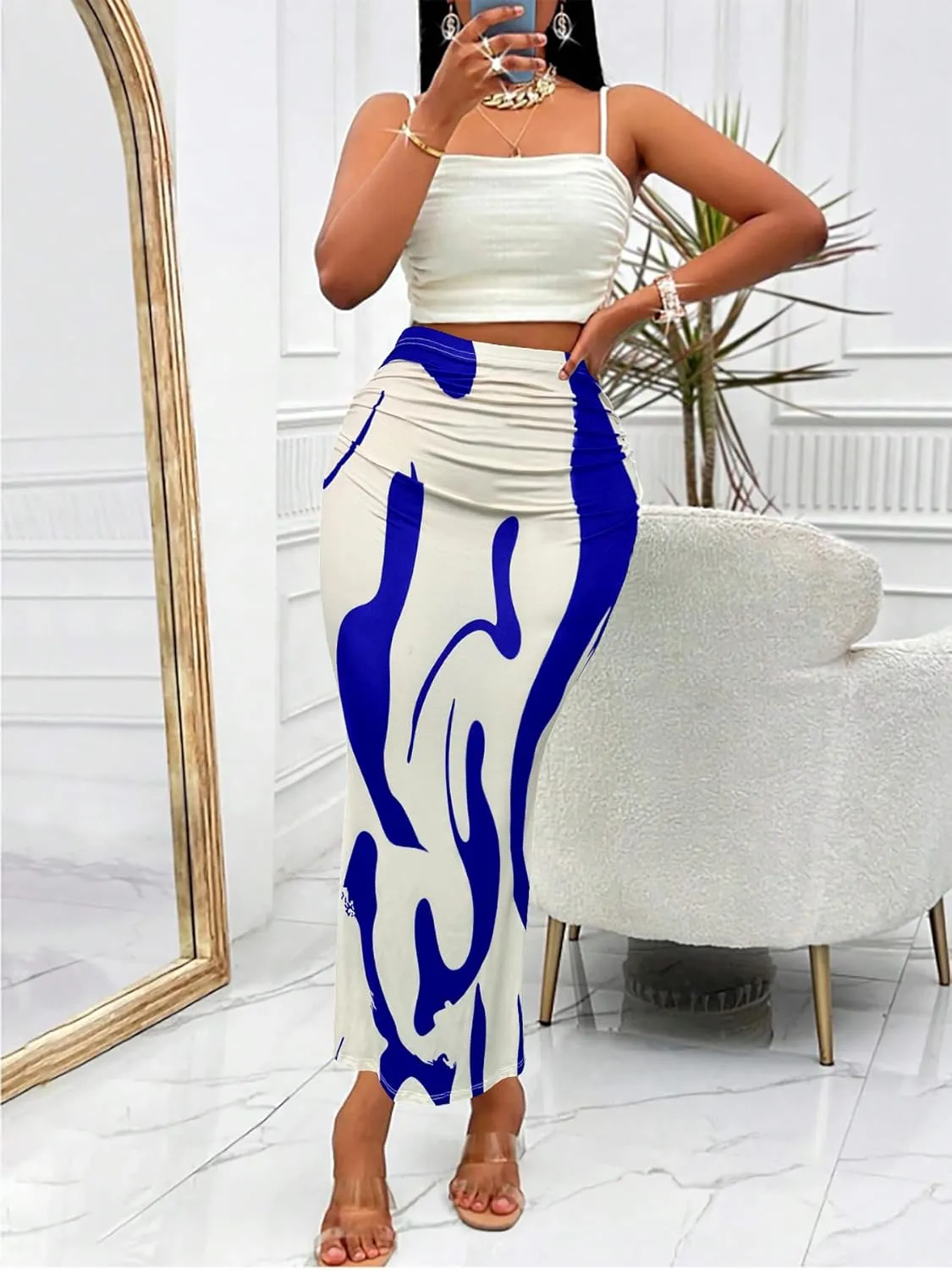 Women's Graphic Print Maxi Skirt Ruched High Waist Long Fishtail Skirt Fashion Bodycon Pencil Skirt