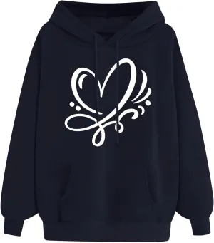 Women's Hoodies Pullover Cute Heart Sweatshirts Casual Long Sleeve Tops Kangaroo Pocket Sweatshirt for Teen Girl