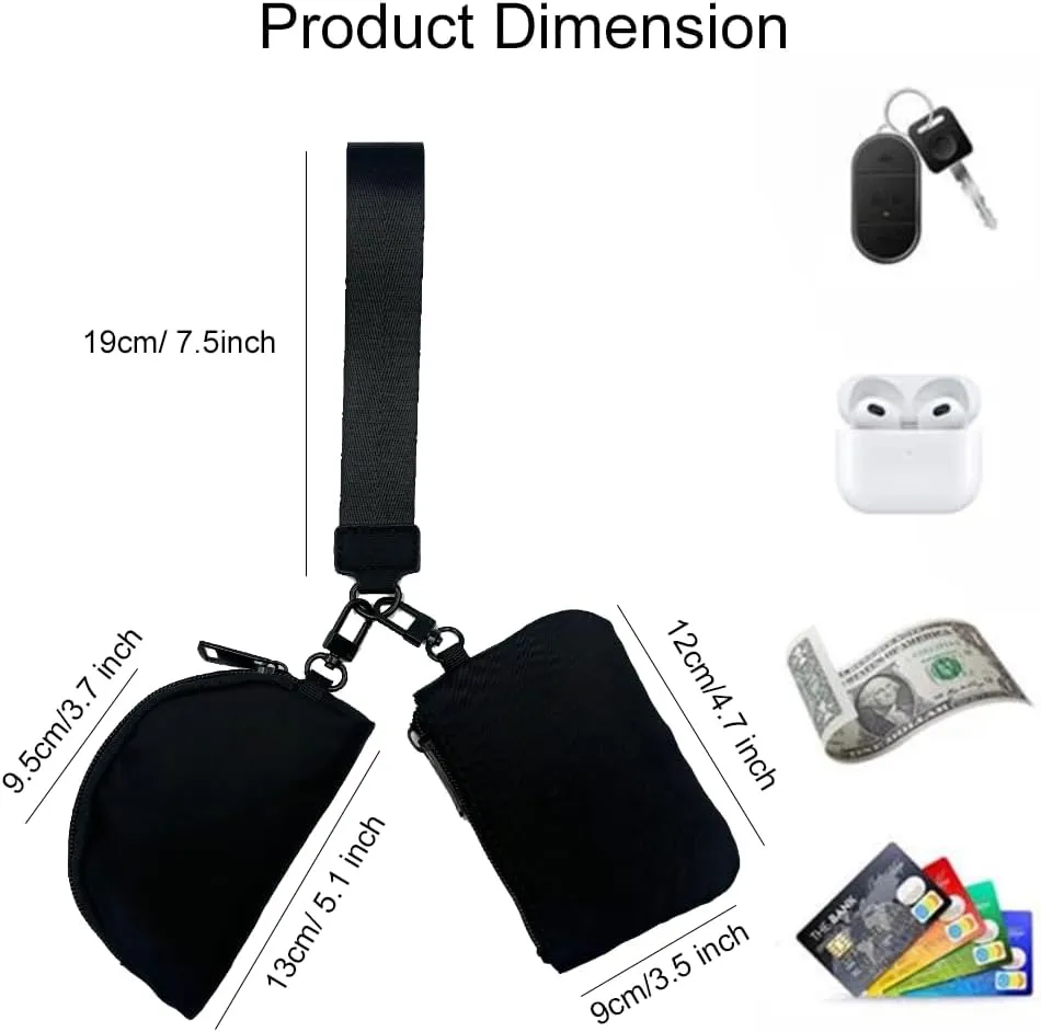 Women's Keychain Wallet, Detachable Dual Pouch Wristlet, Mini Zip Around Wristlet, Portable Coin Purse, Small Wallet, Black