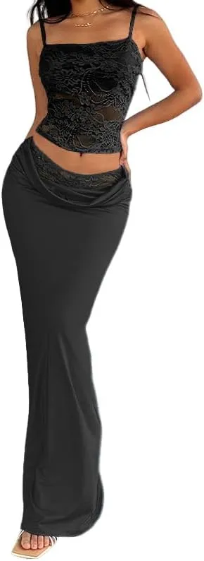 Women's Lace Bustier Spaghetti Strap Sleeveless Ruched Bodycon Dress Set Elegant Crop Top and Maxi Dress
