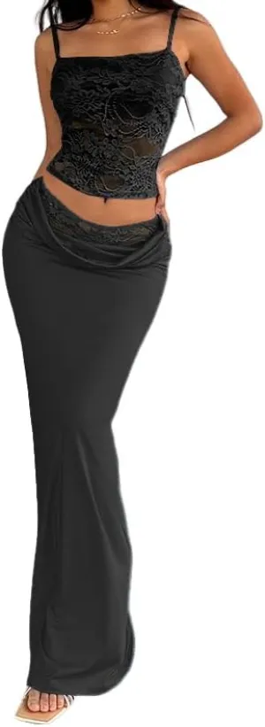 Women's Lace Bustier Spaghetti Strap Sleeveless Ruched Bodycon Dress Set Elegant Crop Top and Maxi Dress