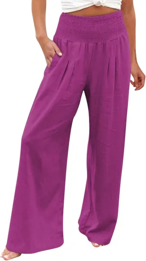Womens Linen Pants 2025 Summer Casual Loose Wide Leg Palazzo Pants High Waisted Smocked Flowy Beach Trousers with Pockets