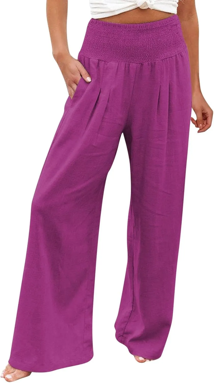 Womens Linen Pants 2025 Summer Casual Loose Wide Leg Palazzo Pants High Waisted Smocked Flowy Beach Trousers with Pockets
