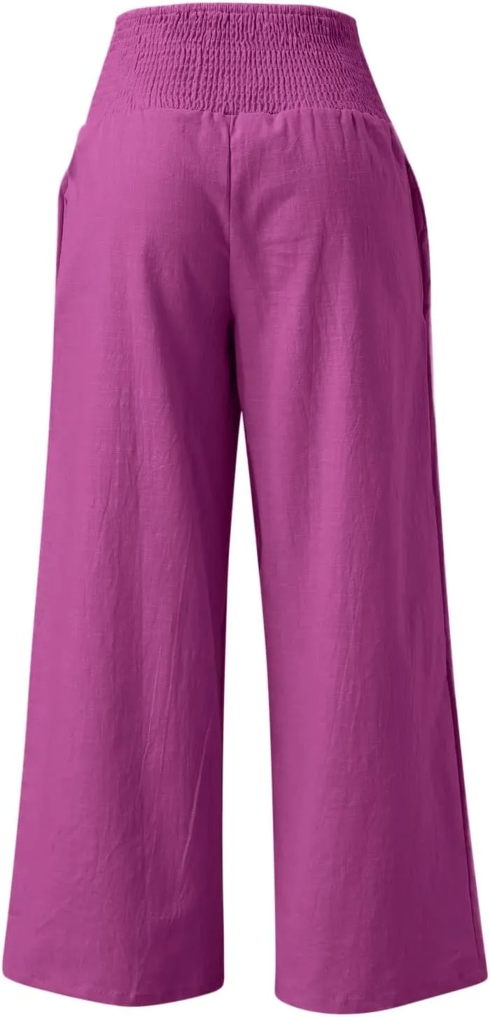 Womens Linen Pants 2025 Summer Casual Loose Wide Leg Palazzo Pants High Waisted Smocked Flowy Beach Trousers with Pockets
