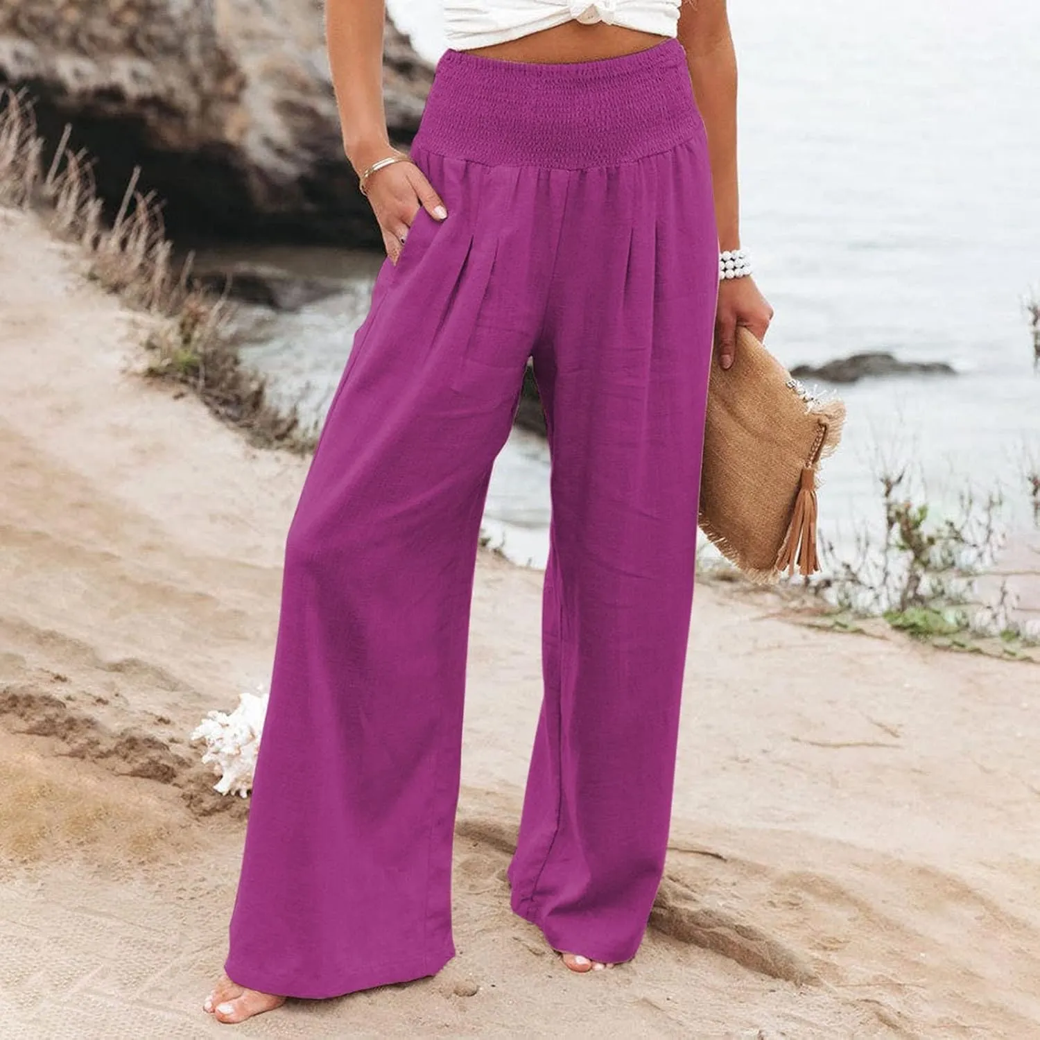 Womens Linen Pants 2025 Summer Casual Loose Wide Leg Palazzo Pants High Waisted Smocked Flowy Beach Trousers with Pockets