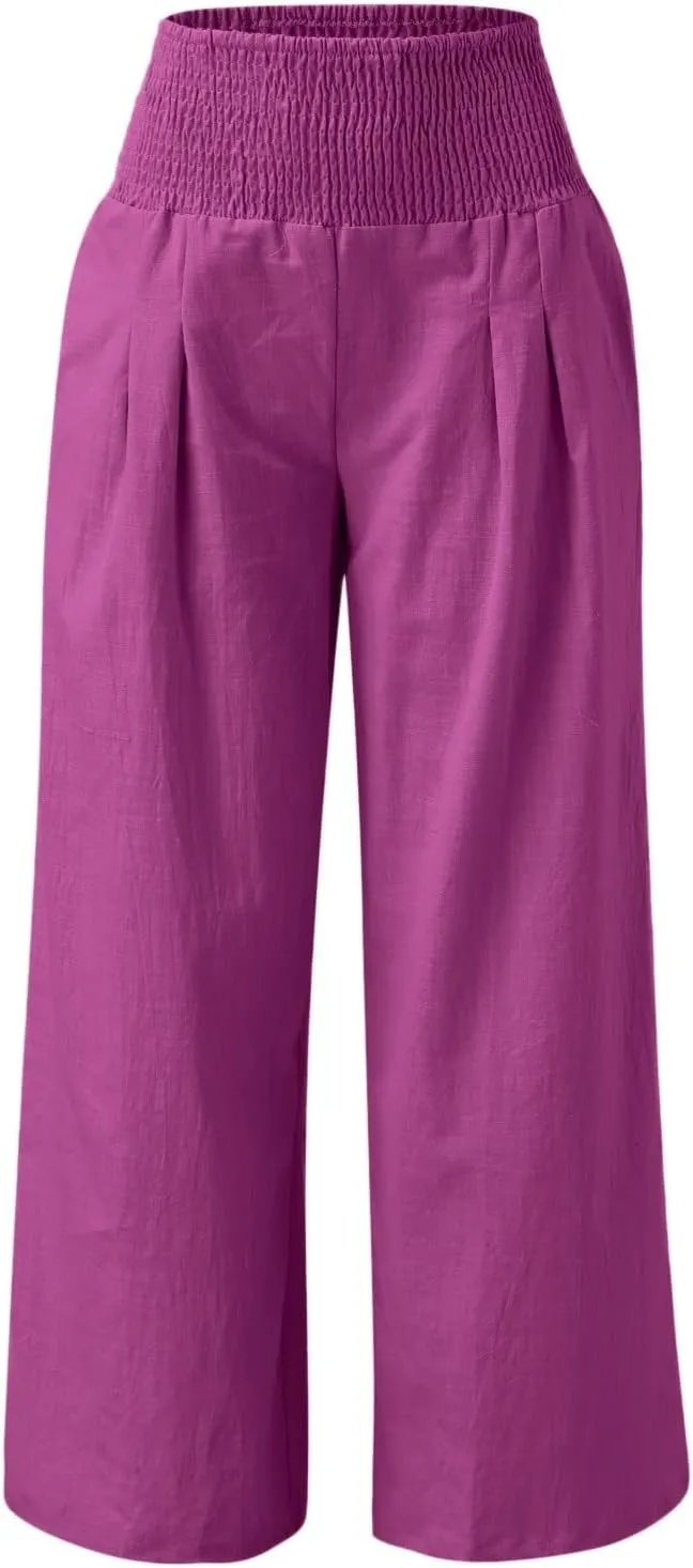 Womens Linen Pants 2025 Summer Casual Loose Wide Leg Palazzo Pants High Waisted Smocked Flowy Beach Trousers with Pockets