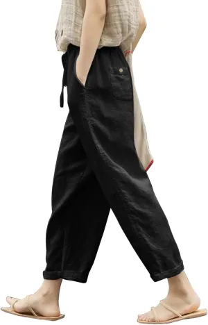 Women's Linen Pants Loose Summer Casual Solid Color Straight Leg Beach High Waisted Linen Pants Plus Size Ankle Trousers