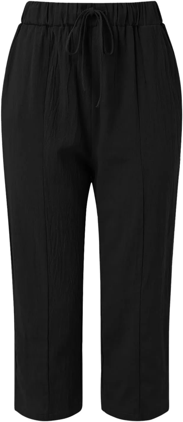 Women's Linen Pants Loose Summer Casual Solid Color Straight Leg Beach High Waisted Linen Pants Plus Size Ankle Trousers