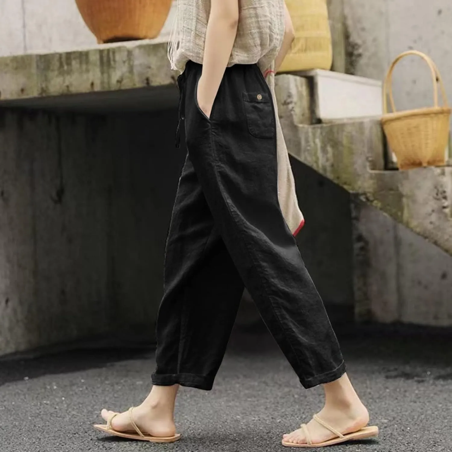 Women's Linen Pants Loose Summer Casual Solid Color Straight Leg Beach High Waisted Linen Pants Plus Size Ankle Trousers