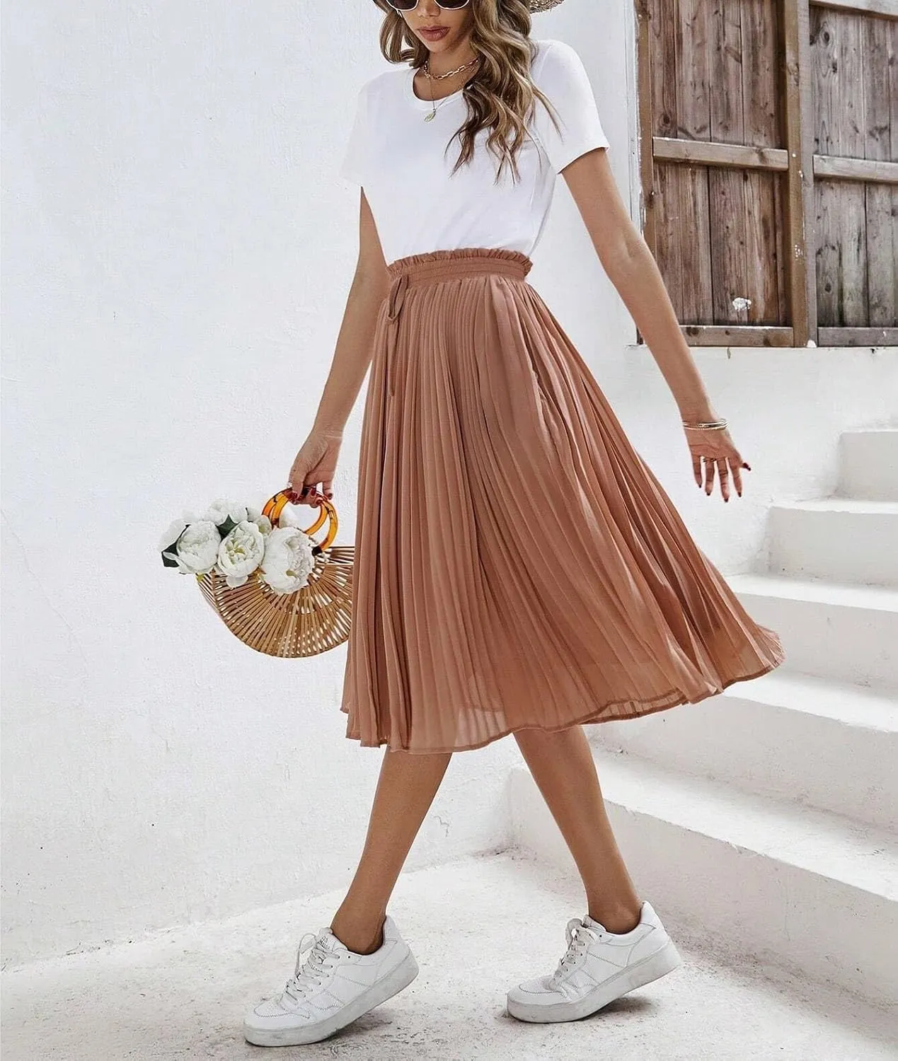 Womens Midi Skirt High Paperbag Waist Knot Solid Paperbag Paperbag Waist Pleated Loose Skirt Casual For Women