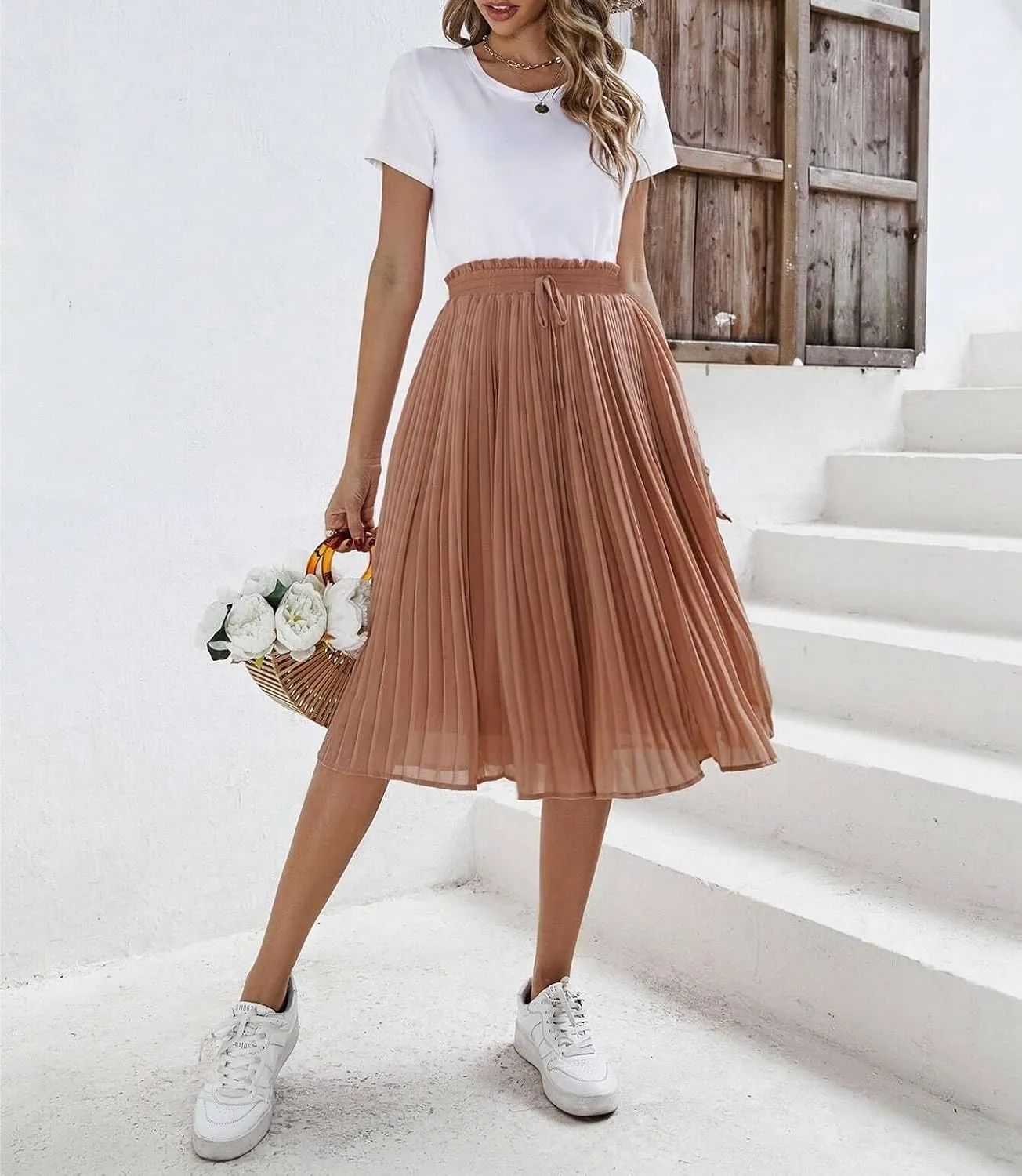 Womens Midi Skirt High Paperbag Waist Knot Solid Paperbag Paperbag Waist Pleated Loose Skirt Casual For Women