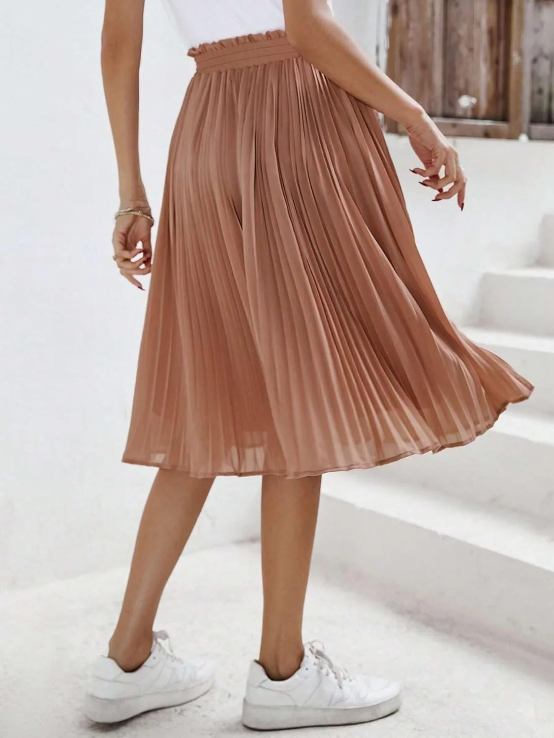 Womens Midi Skirt High Paperbag Waist Knot Solid Paperbag Paperbag Waist Pleated Loose Skirt Casual For Women