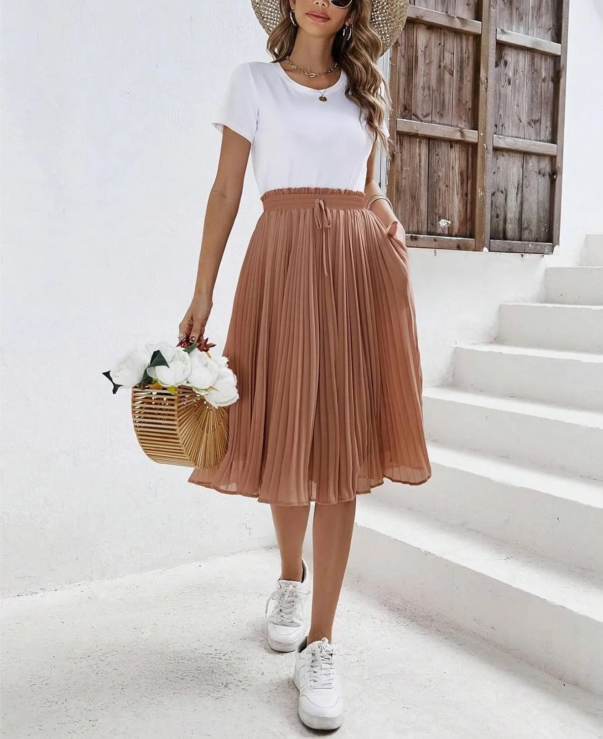 Womens Midi Skirt High Paperbag Waist Knot Solid Paperbag Paperbag Waist Pleated Loose Skirt Casual For Women