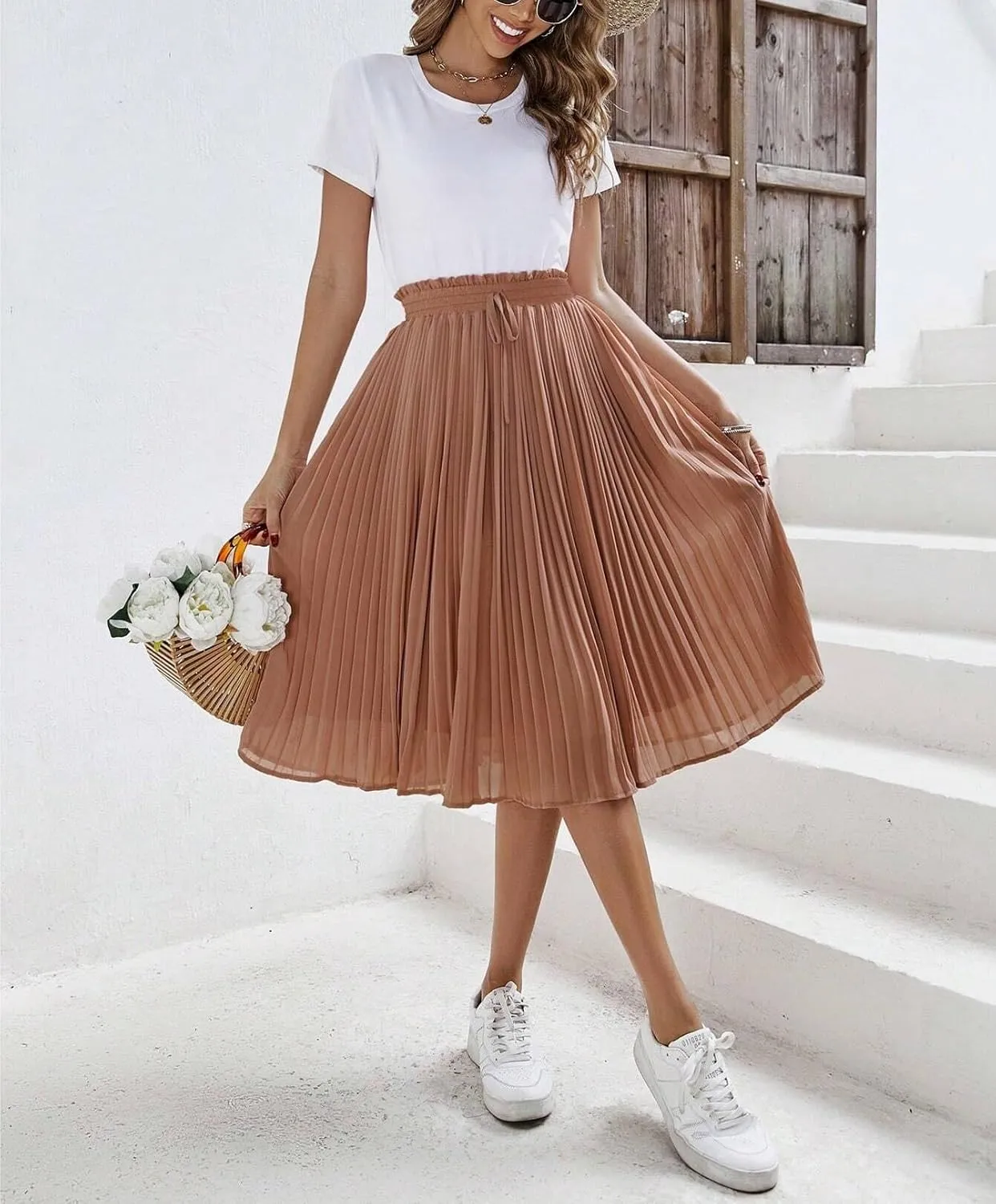 Womens Midi Skirt High Paperbag Waist Knot Solid Paperbag Paperbag Waist Pleated Loose Skirt Casual For Women