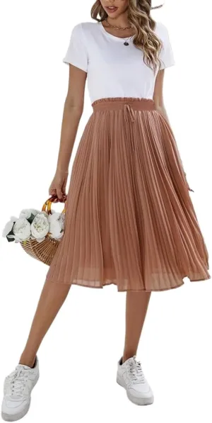 Womens Midi Skirt High Paperbag Waist Knot Solid Paperbag Paperbag Waist Pleated Loose Skirt Casual For Women