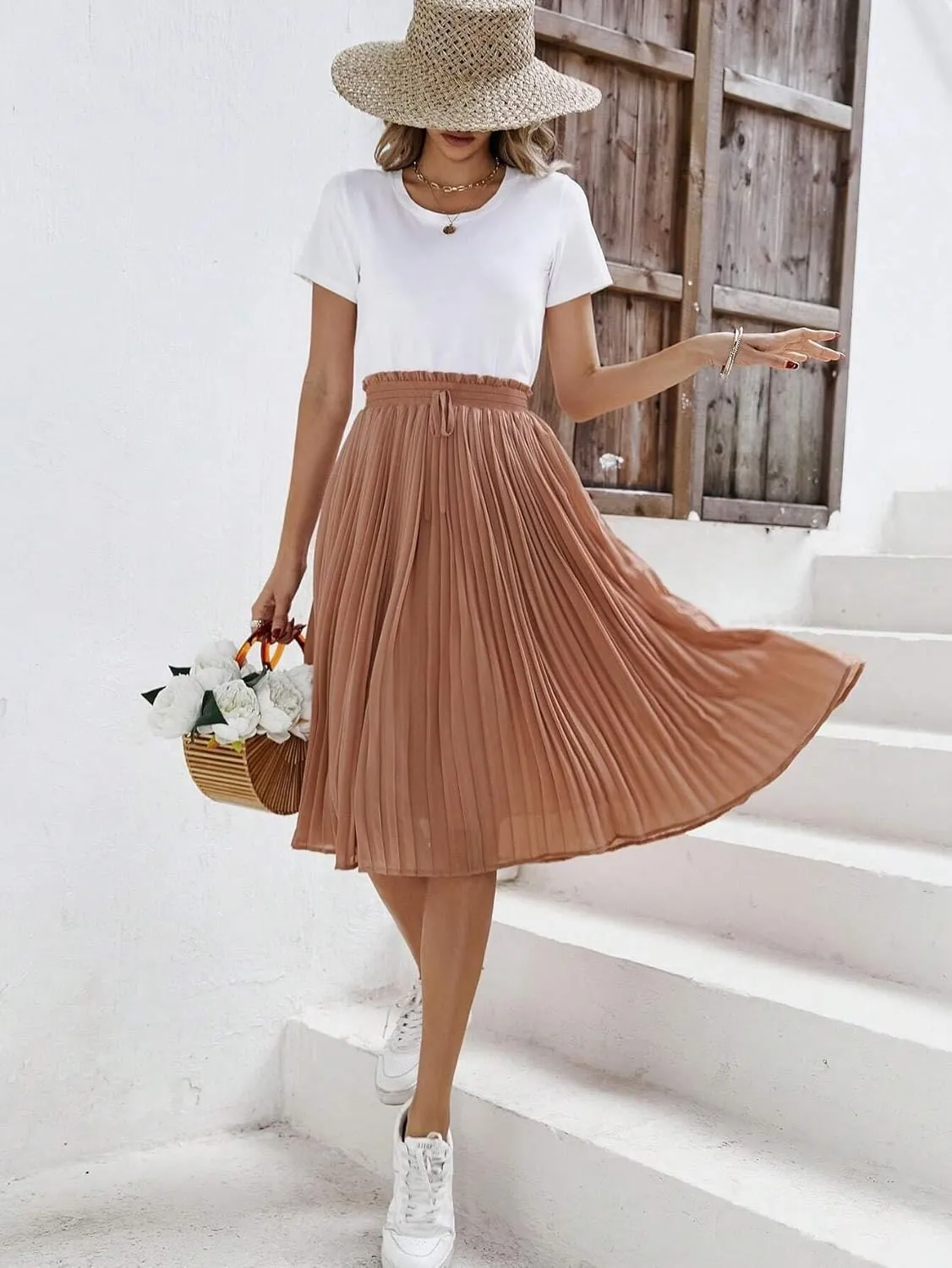 Womens Midi Skirt High Paperbag Waist Knot Solid Paperbag Paperbag Waist Pleated Loose Skirt Casual For Women